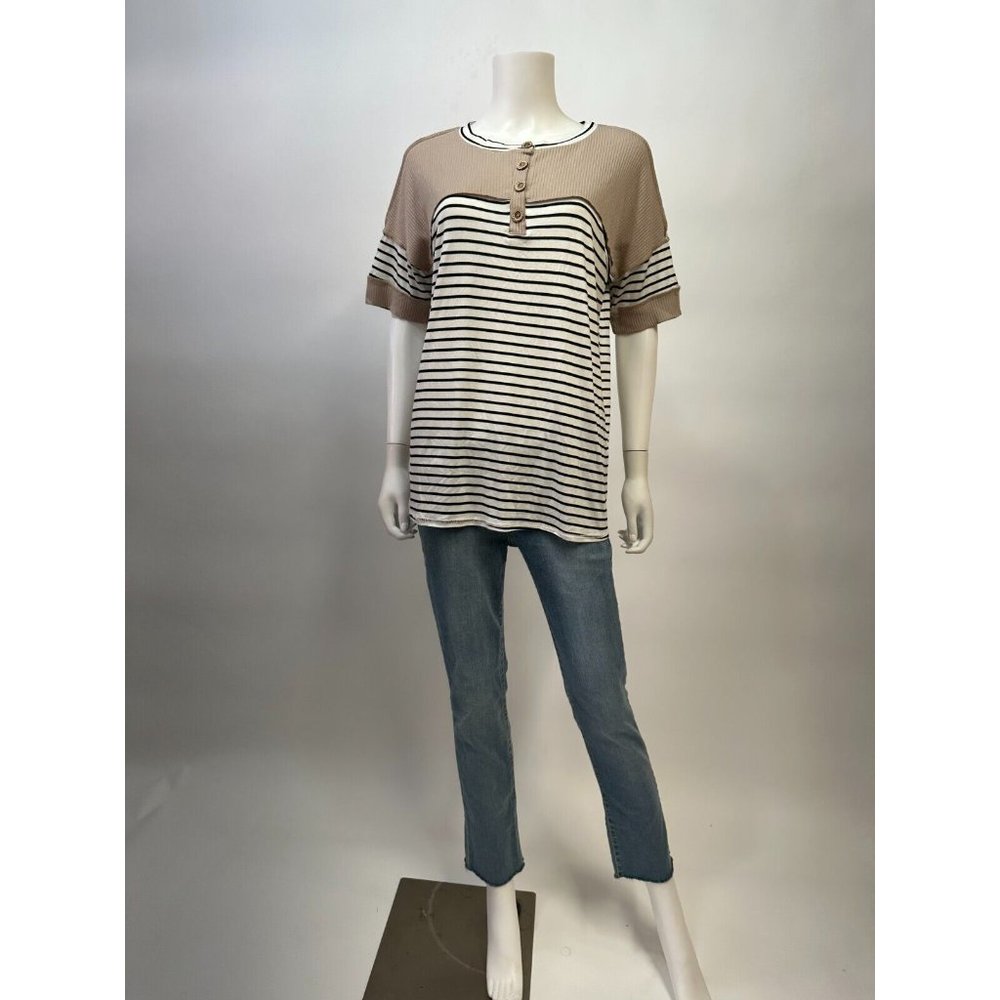 Spice Rose Striped Round Neck Short Sleeve Button Close-Up Brown Top